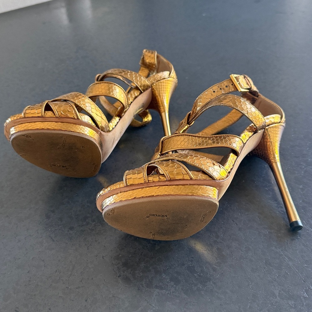 💯 AUTH GUCCI Animal Snake Leather Metallic Gold Bronze Sandals Heels Size 37.5 - Picture 10 of 10